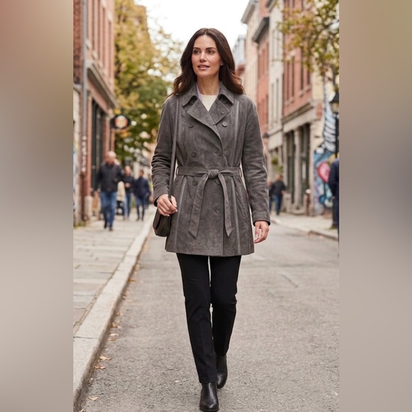 the olde hide house Jackets & Blazers - VINTAGE ‘80’s Double-Breasted Suede Trench Coat - Gray